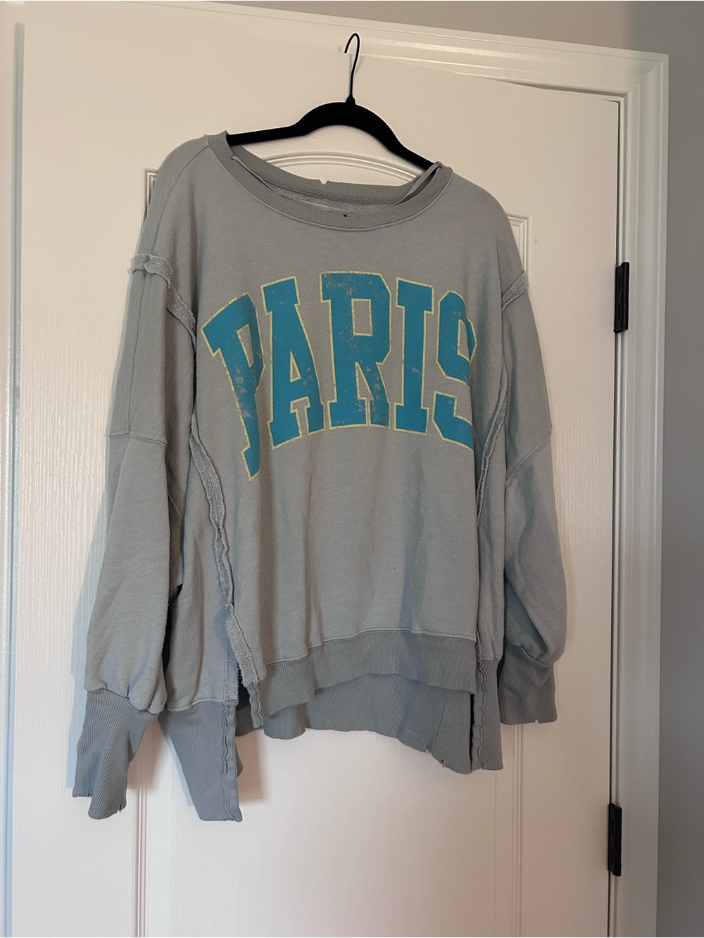 We The Free Light Gray Crewneck Sweatshirt with Teal and Yellow PARIS Graphic